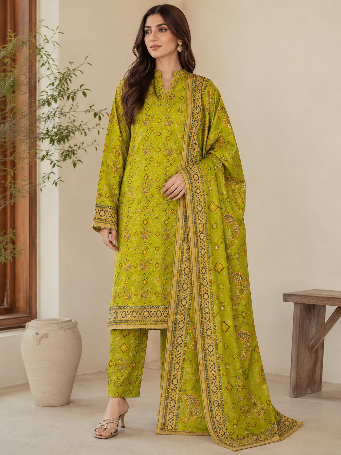 Dhanak allover printed 3 piece suit with shirt trouser and dupatta