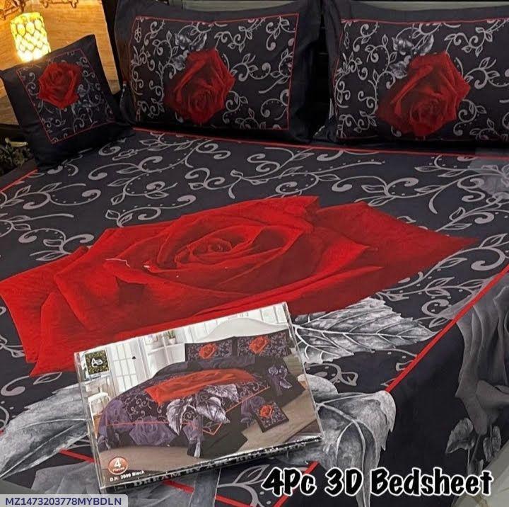 4Pc 3D Red Rose Bedsheet Set Crystal Cotton – Black
