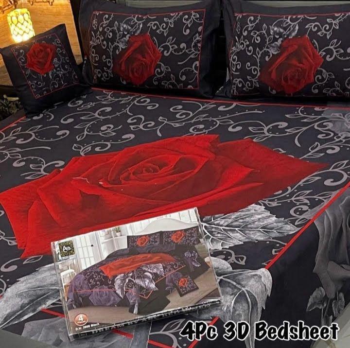 4Pc 3D Red Rose Bedsheet Set Crystal Cotton – Black