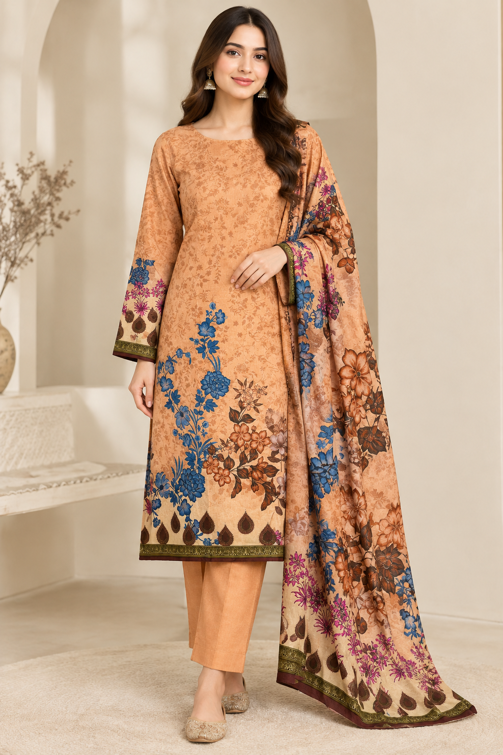 Peach floral printed linen 3 piece unstitched suit on model