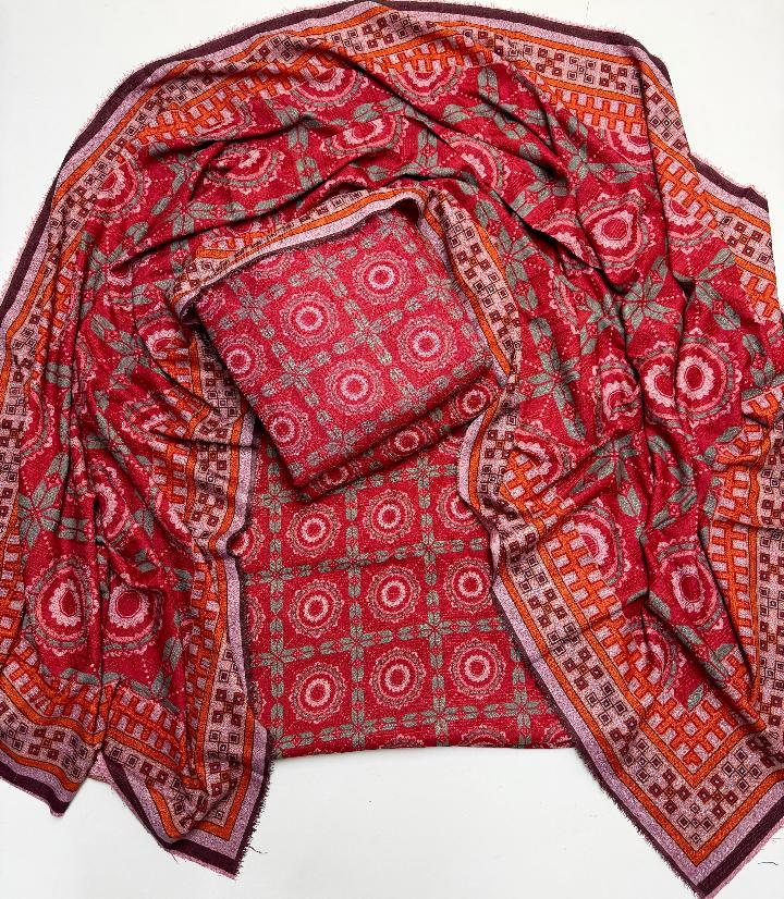 Dhanak Red Printed Allover 3Pc Suit