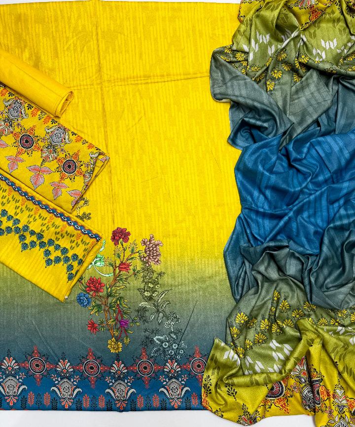 Yellow-to-blue ombre floral printed linen 3-piece suit fabric showing shirt, trouser and dupatta details