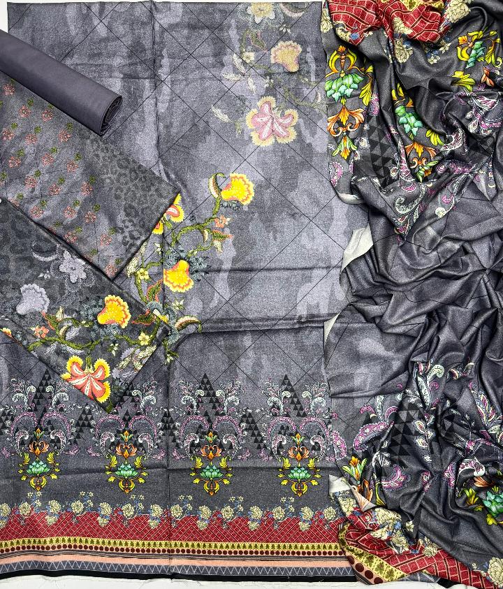 Grey Floral Printed Linen 3Pc Suit (Unstitched)