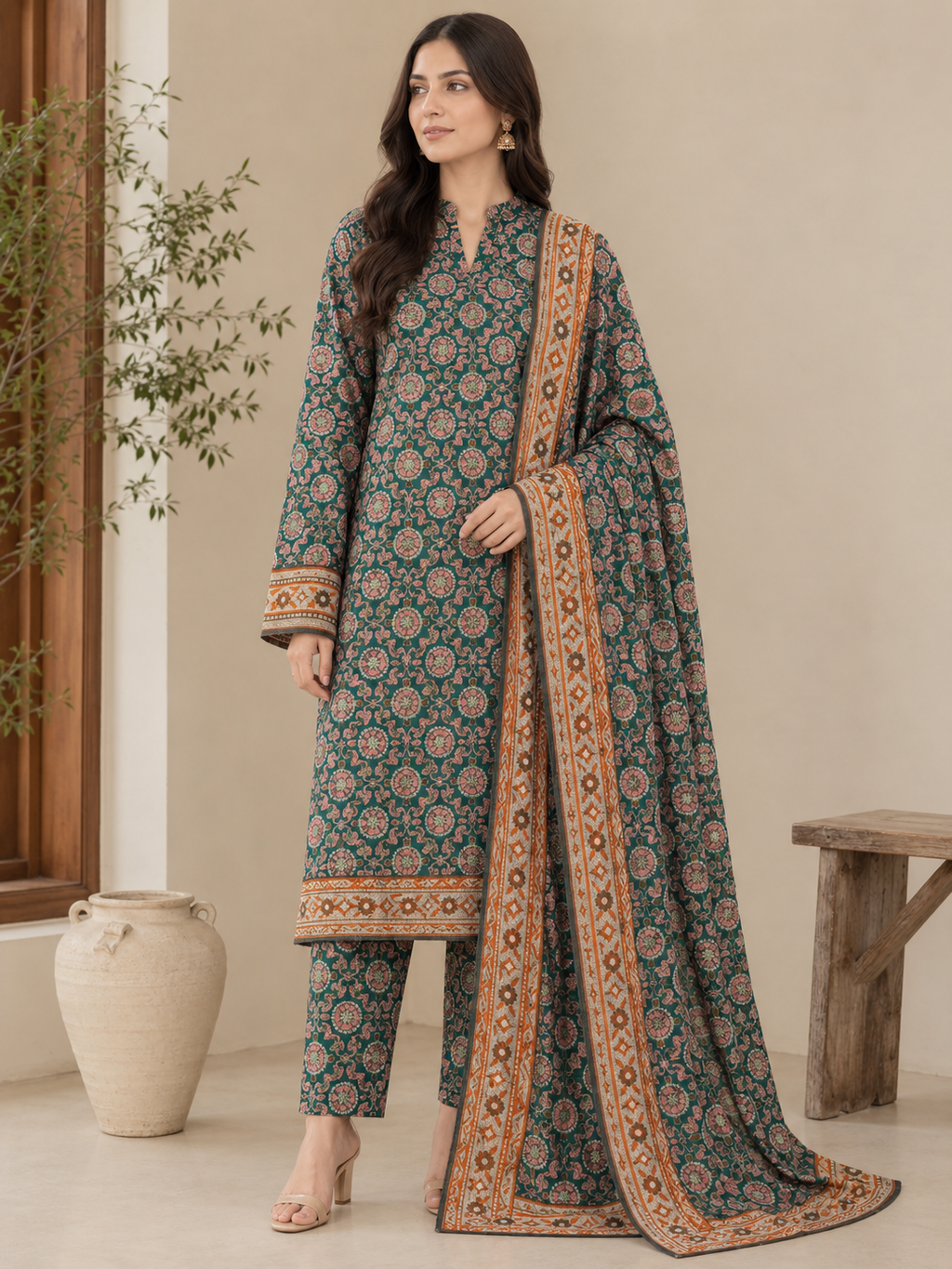 Dhanak Teal Green Printed Allover 3Pc Suit