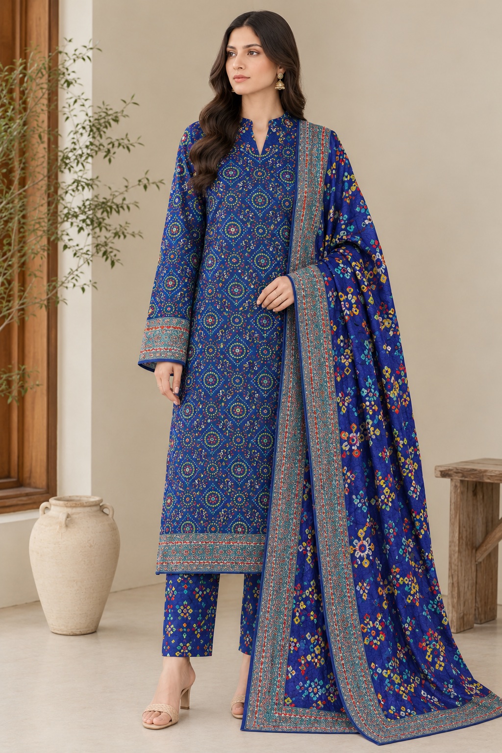Dhanak Blue Bandhani Printed Allover 3Pc Suit