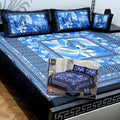 Blue Leaf Printed Crystal Cotton Double Bedsheet Set – 4 Piece