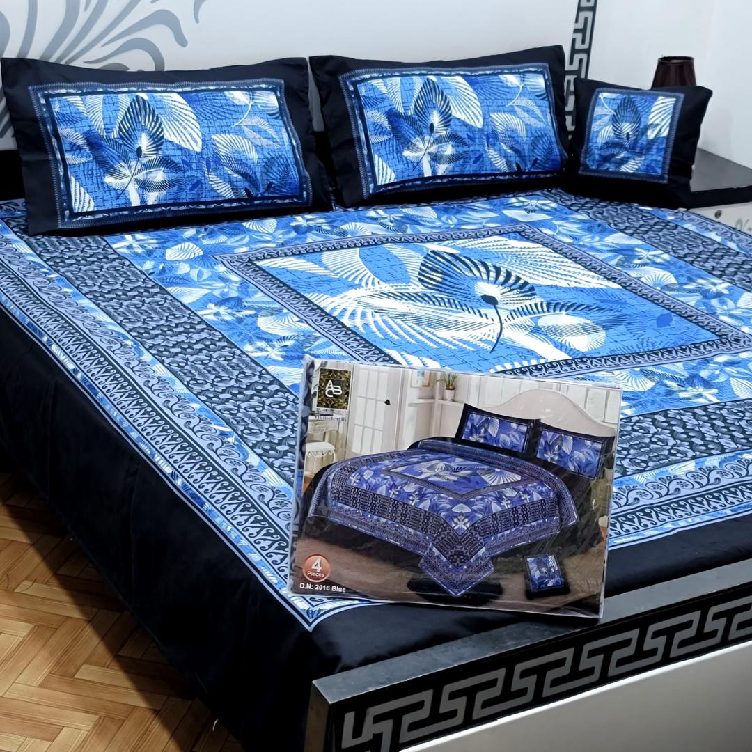 Blue Leaf Printed Crystal Cotton Double Bedsheet Set – 4 Piece