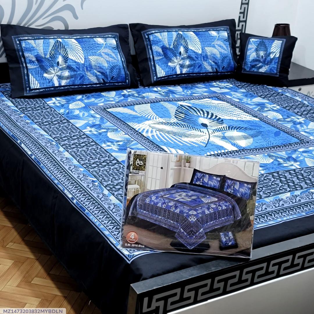 Blue Leaf Printed Crystal Cotton Double Bedsheet Set – 4 Piece