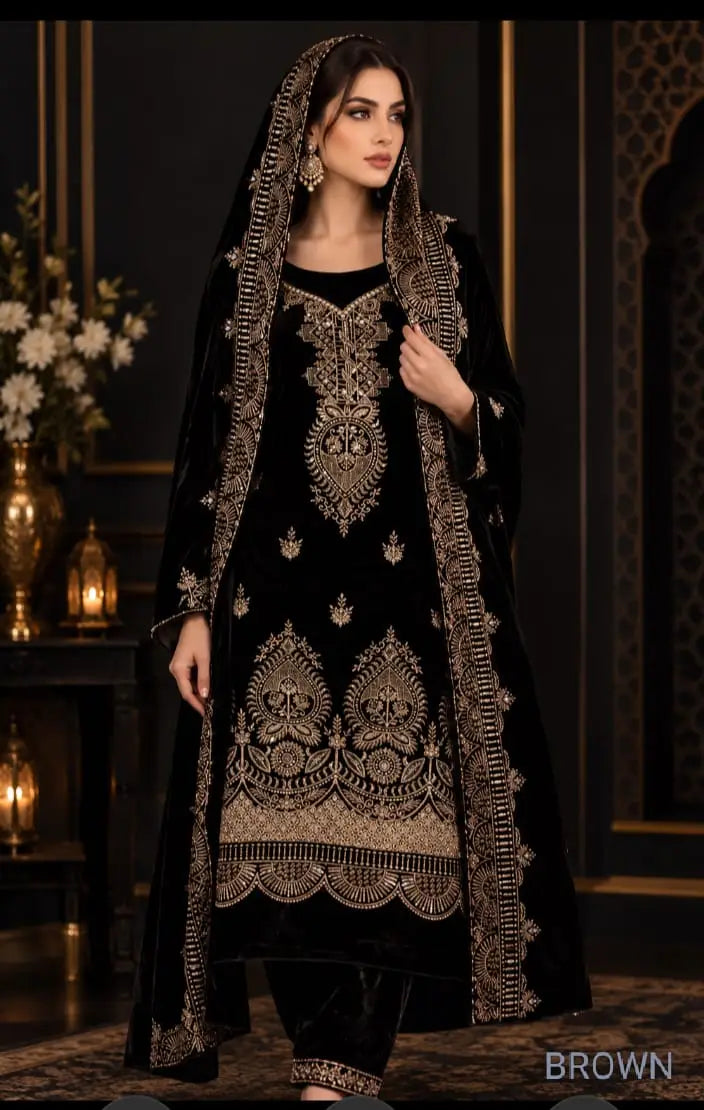 3 Pcs Women's Unstitched Velvet Embroidered Suit