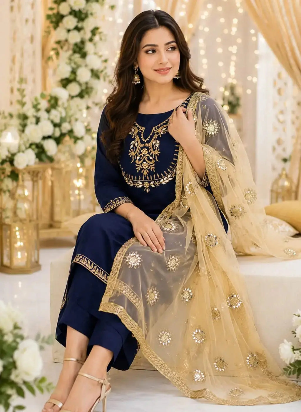 Party Dress 3 Pcs Women's Unstitched Sequins Embroidered – Navy Blue