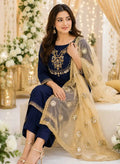 Party Dress 3 Pcs Women's Unstitched Sequins Embroidered – Navy Blue