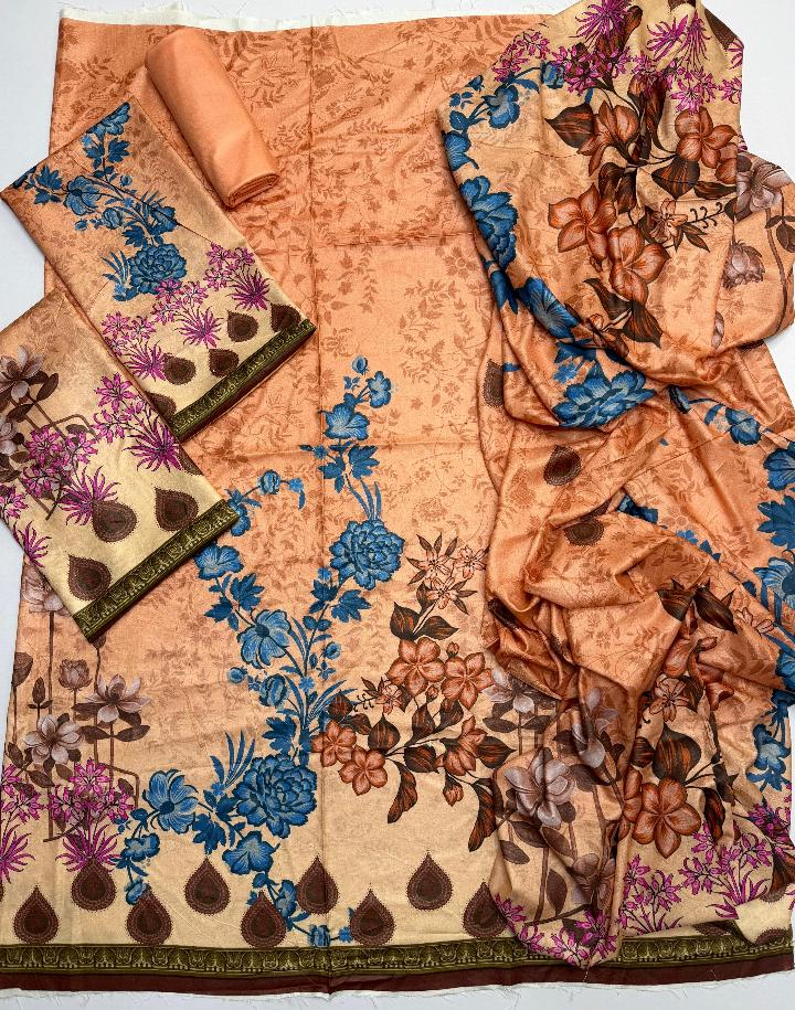Peach floral printed linen unstitched 3 piece suit fabric flatlay