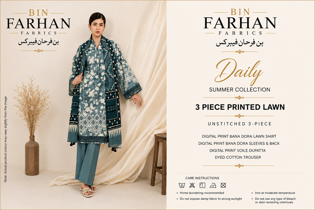 Bin Farhan Fabrics Daily Summer Collection - 3 Piece Printed Lawn front view