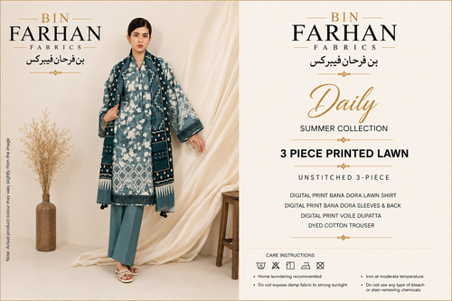 Bin Farhan Fabrics Daily Summer Collection - 3 Piece Printed Lawn front view