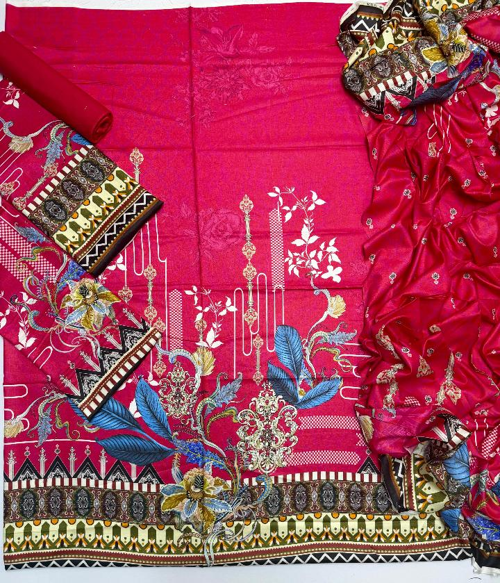 Deep pink floral printed 3-piece suit fabric laid flat