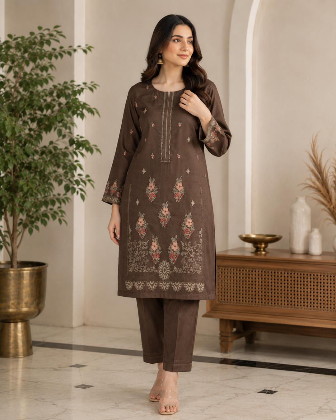 Premium Lawn Embroidery 2 Piece Suit - Brown without dupatta