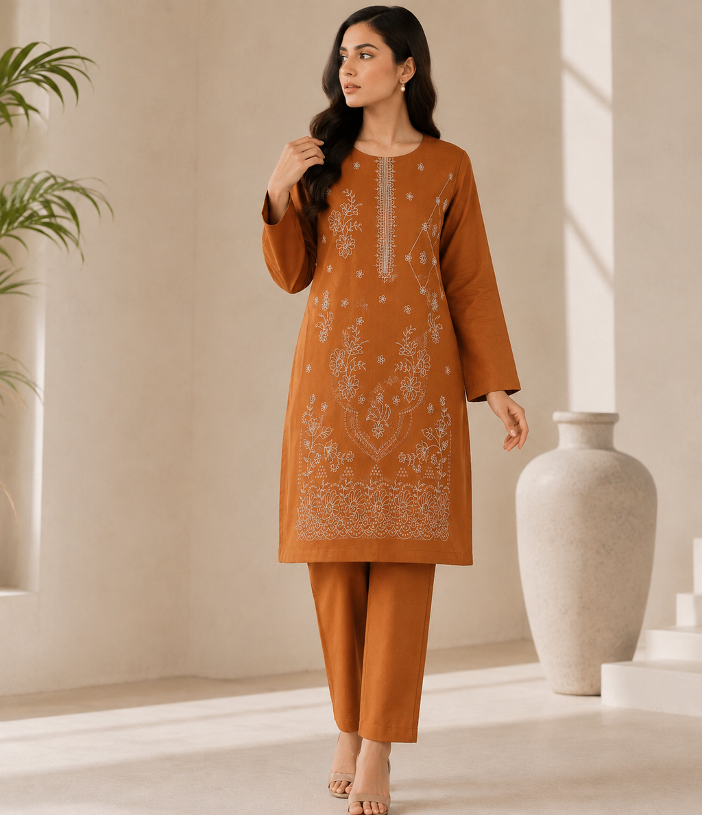 Bin Farhan Fabrics premium embroidered lawn 2 piece unstitched suit brown - floral embroidery Pakistan
