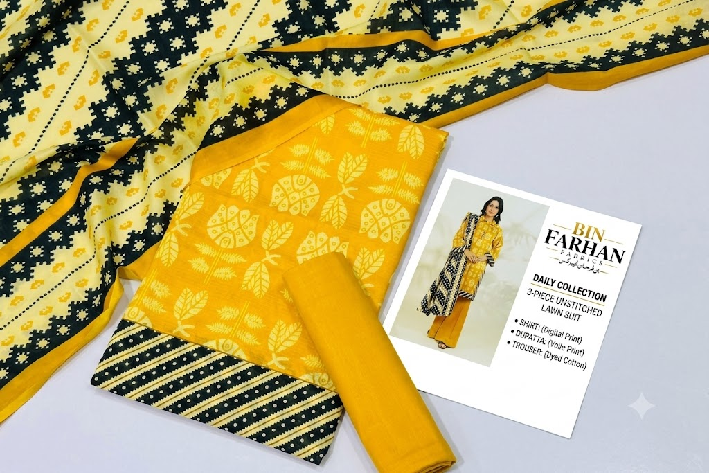 Bin Farhan Fabrics Summer Collection - Mustard Yellow 3 Piece Printed Lawn fabric detail
