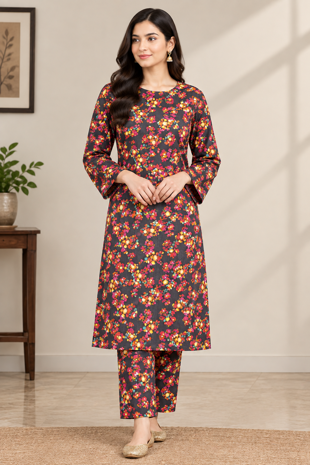 Printed Khaddar all-over floral 2 piece suit front view