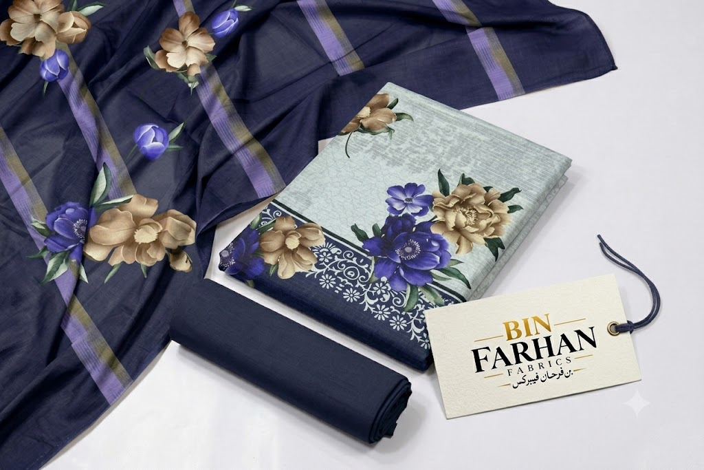 Bin Farhan Fabrics - Grey Blue Floral 3 Piece Printed Lawn fabric detail