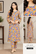 Orange and purple floral printed Khaddar 2 piece all-over suit, 3.5 gaz cutting