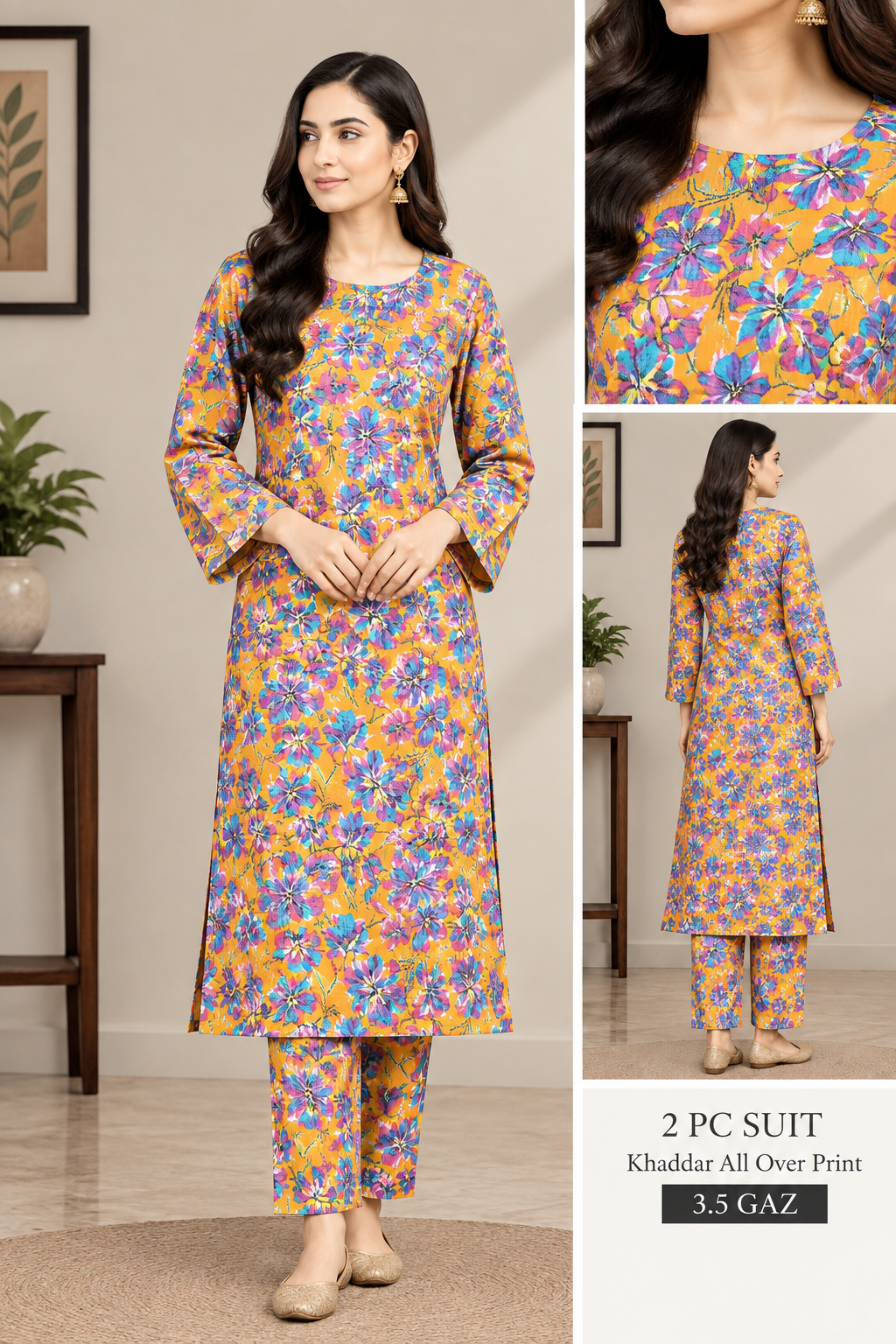 Orange and purple floral printed Khaddar 2 piece all-over suit, 3.5 gaz cutting