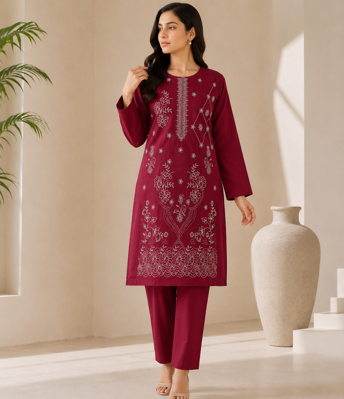 Bin Farhan Fabrics premium embroidered lawn 2 piece unstitched suit teal - floral embroidery Pakistan