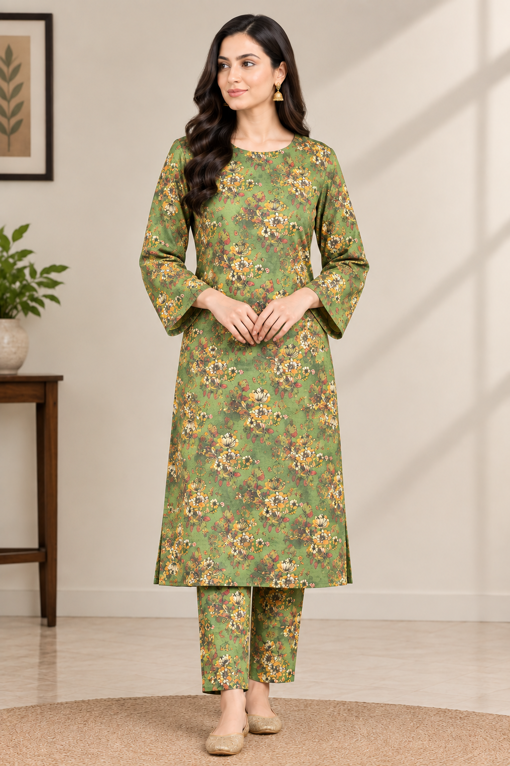 Sage floral printed Khaddar 2 piece suit with all-over print