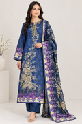Model wearing navy blue floral printed linen 3 piece suit with matching dupatta