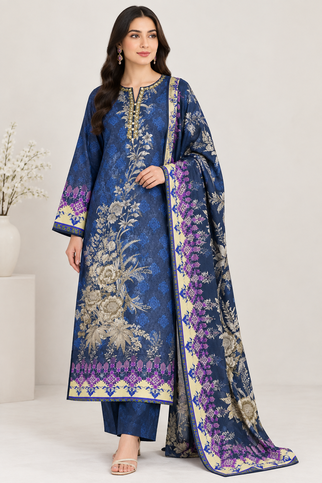 Model wearing navy blue floral printed linen 3 piece suit with matching dupatta