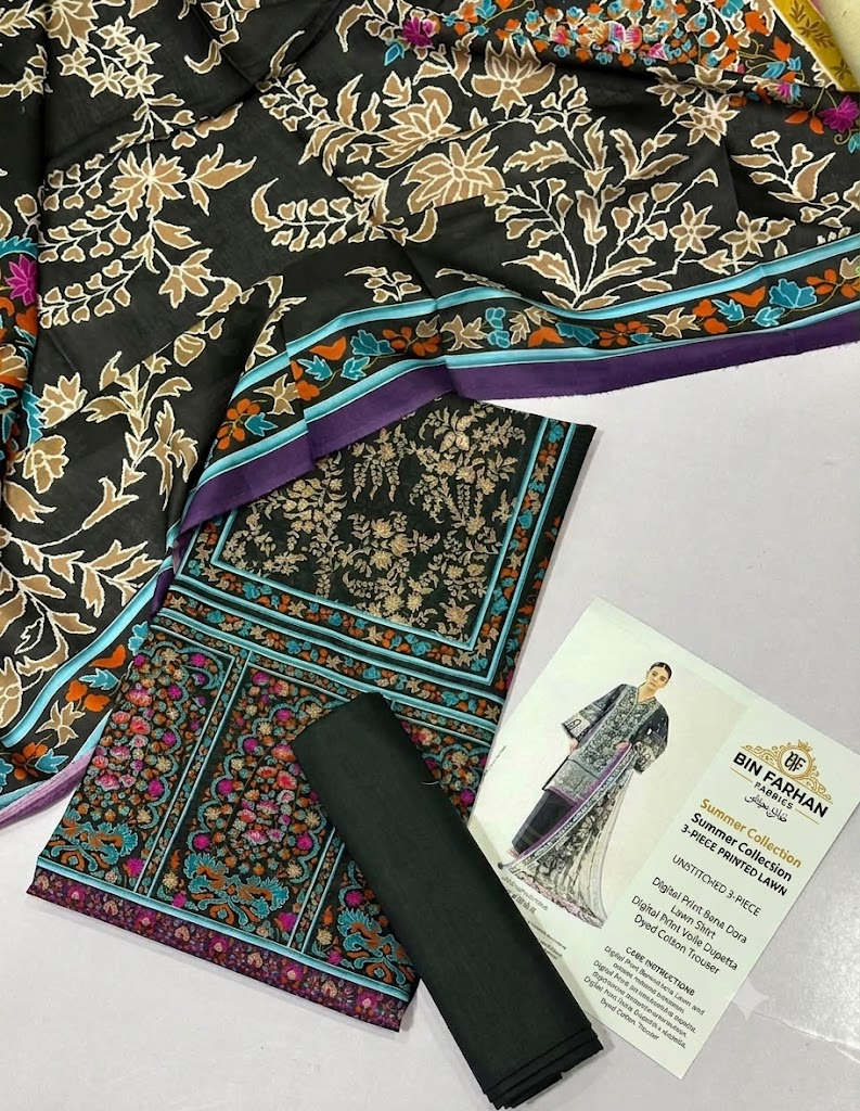 Bin Farhan Fabrics Summer Collection - Black Floral 3 Piece Printed Lawn fabric detail
