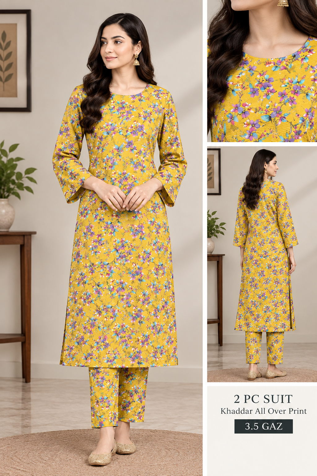 Yellow and purple floral printed Khaddar 2 piece all-over suit, 3.5 gaz cutting