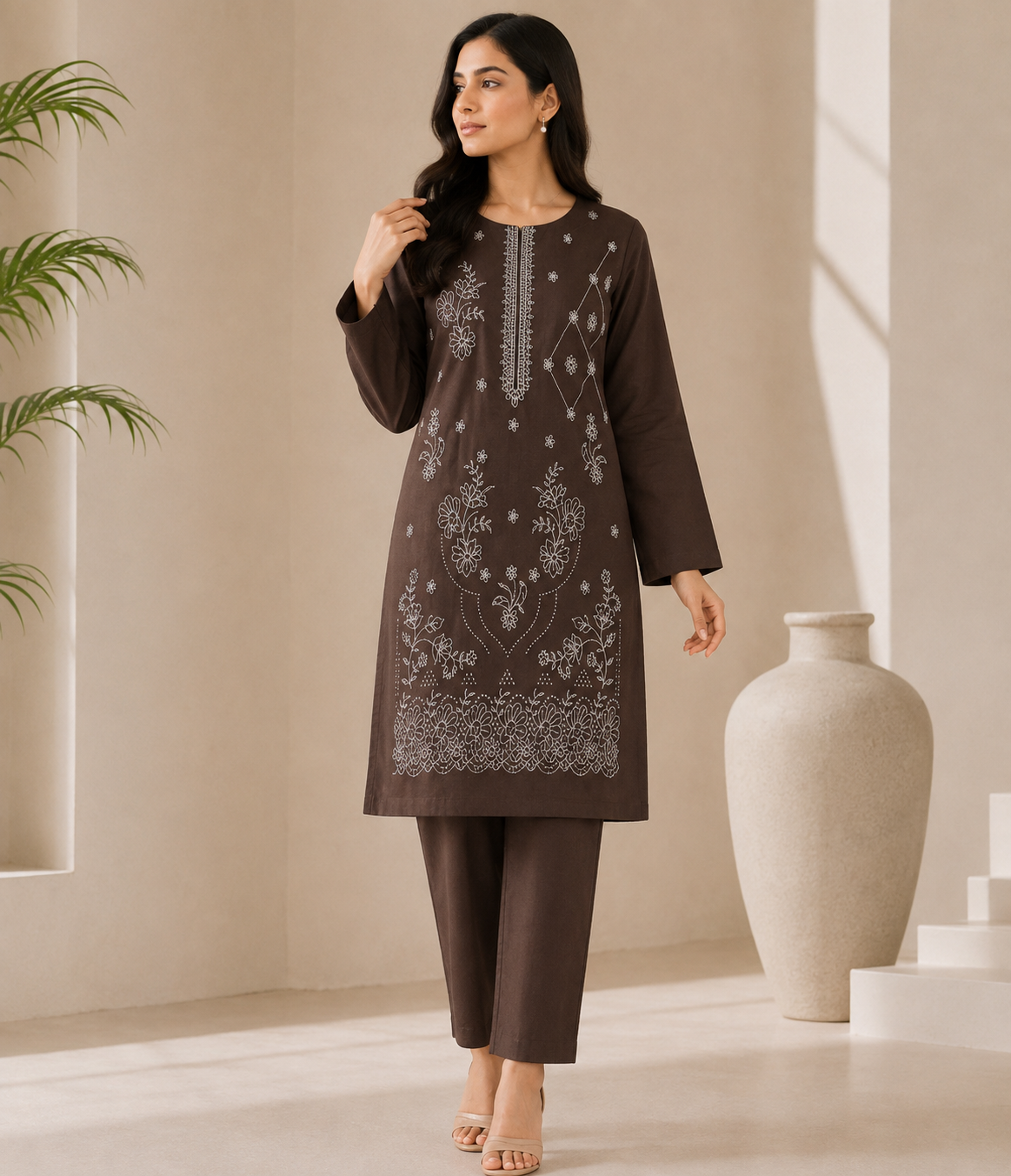 Bin Farhan Fabrics premium embroidered lawn 2 piece unstitched suit charcoal - floral embroidery Pakistan
