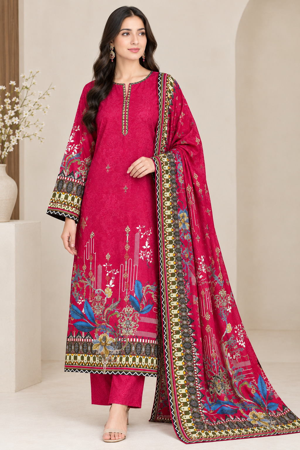 Model wearing deep pink floral printed 3-piece suit with dupatta