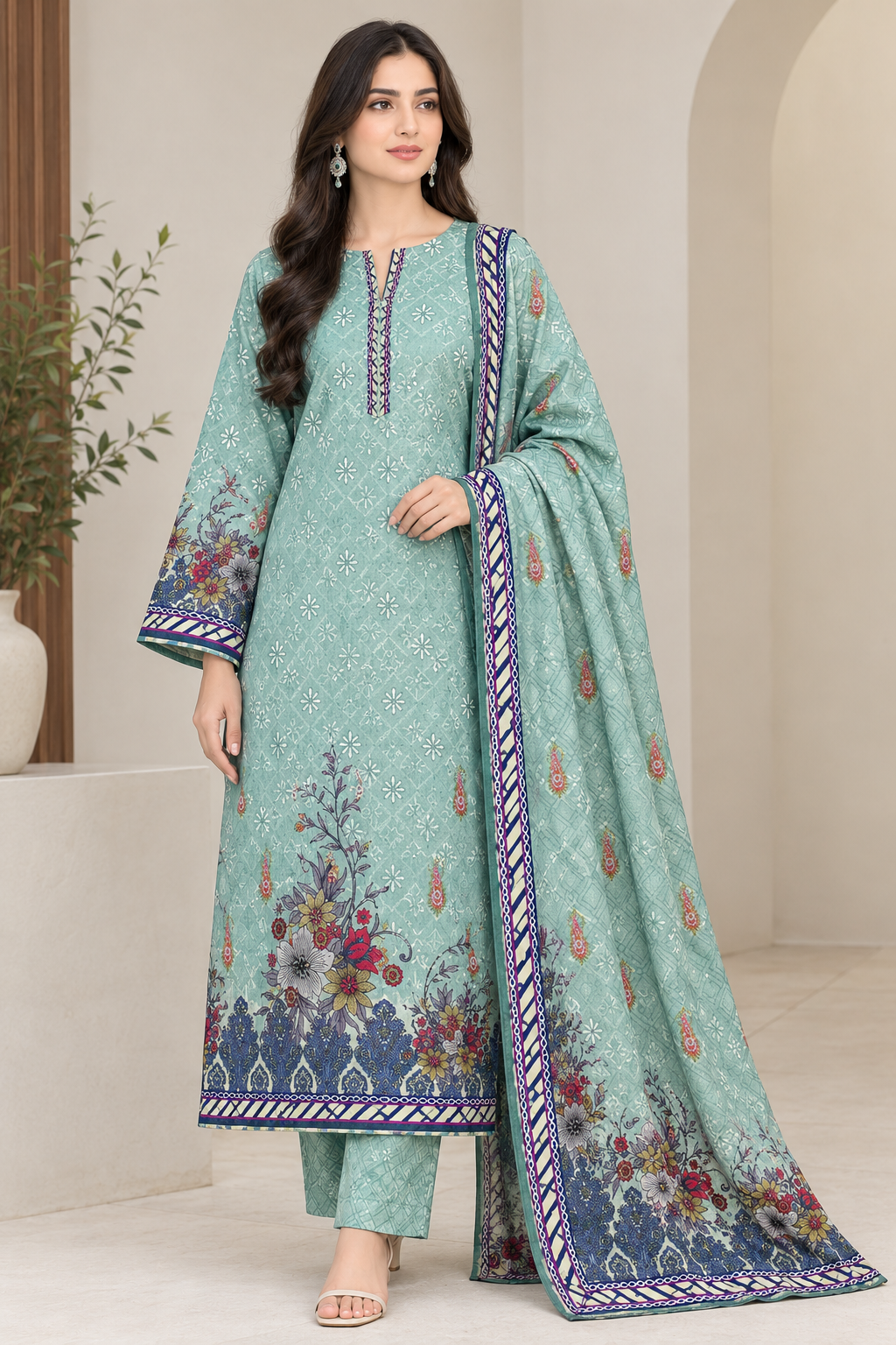 Model wearing sea green floral printed linen 3-piece suit