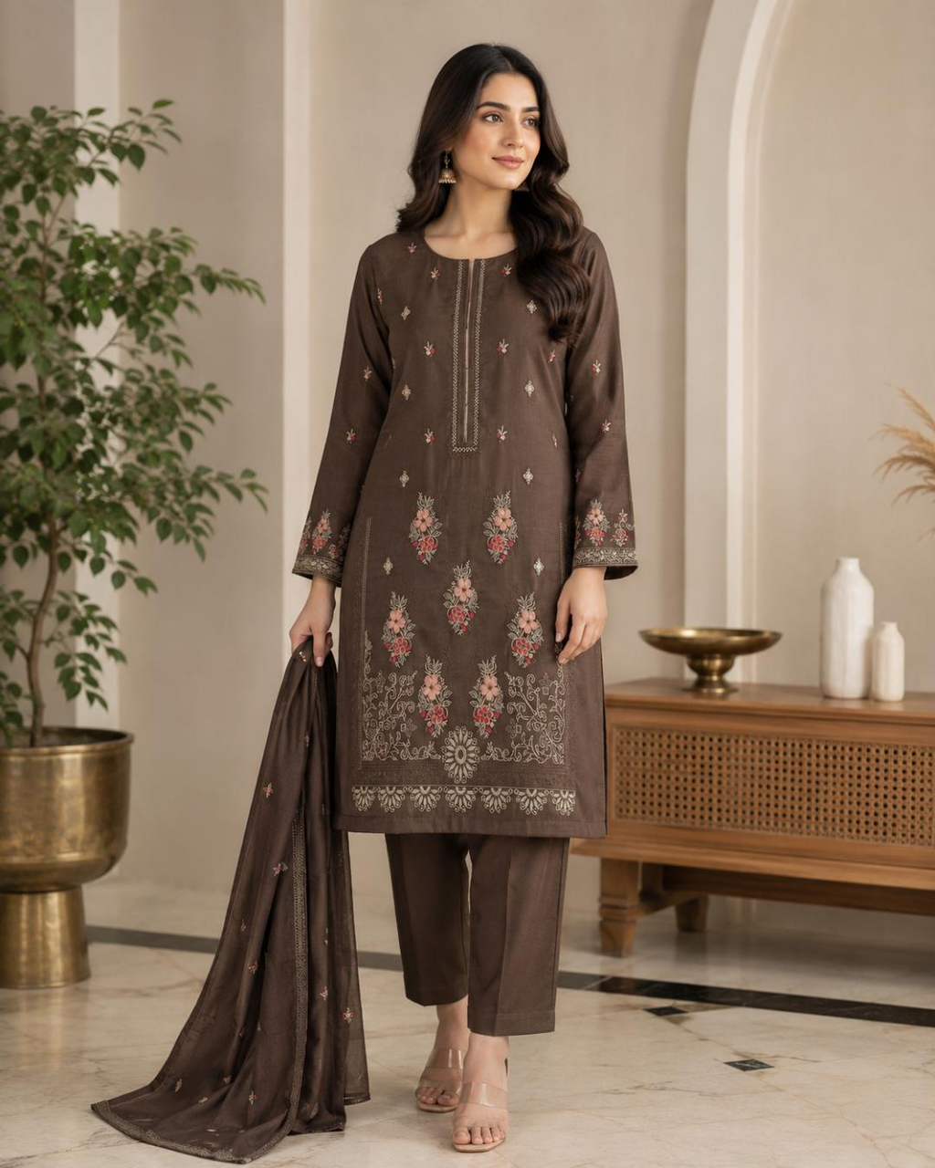 Premium Lawn Embroidery 2 Piece Suit - Brown with dupatta