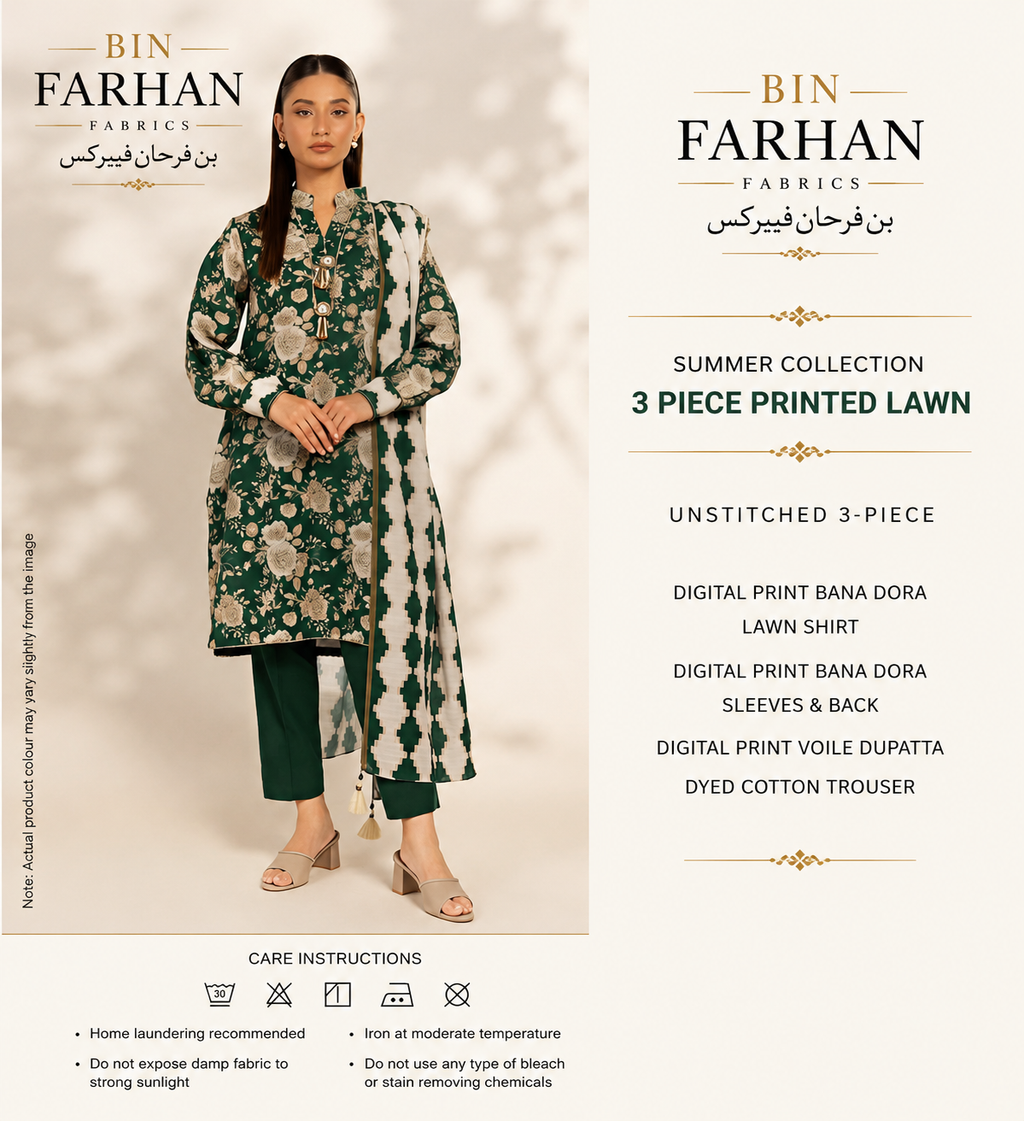 Bin Farhan Fabrics Summer Collection - Dark Green Floral 3 Piece Printed Lawn model view