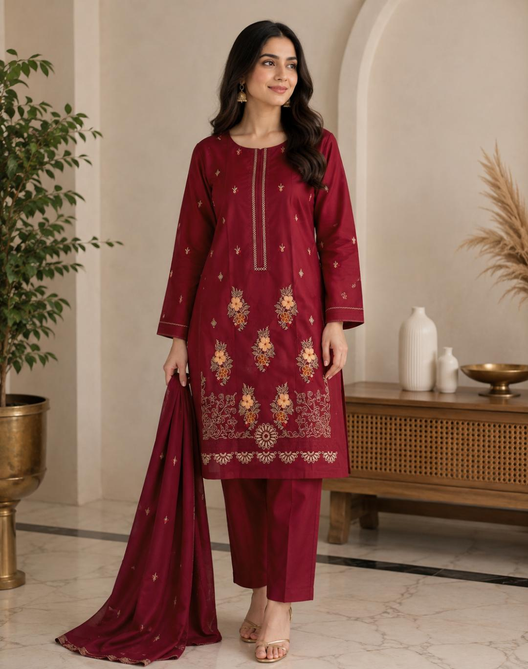 Premium Lawn Embroidery 2 Piece Suit - Maroon