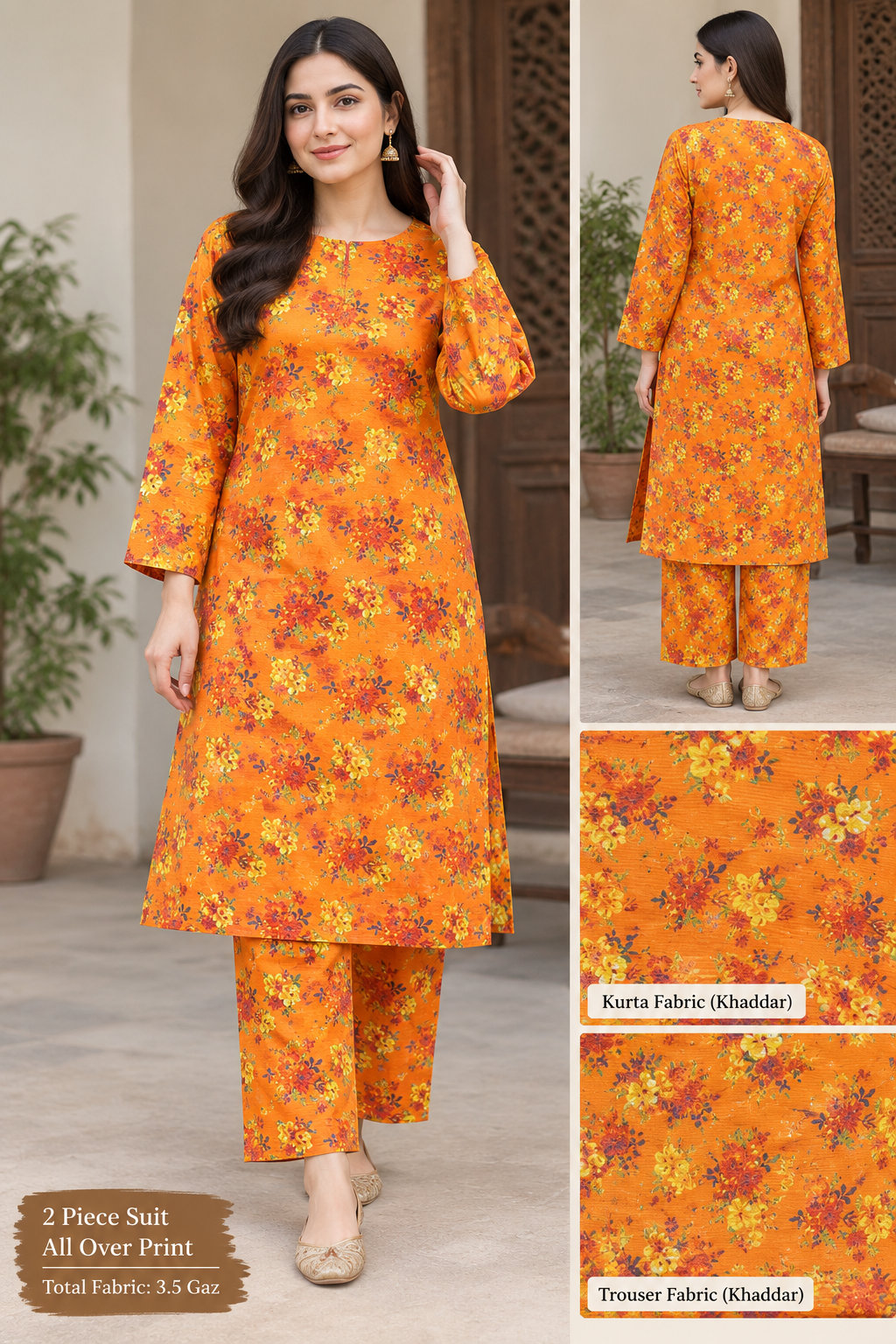 Kero Khaddar 2 piece all-over printed suit, front and back view