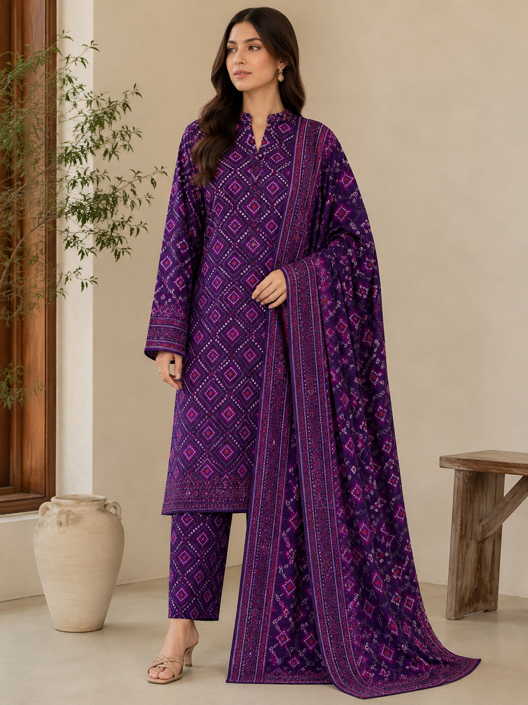 Model wearing purple Dhanak geometric allover printed 3 piece suit with dupatta