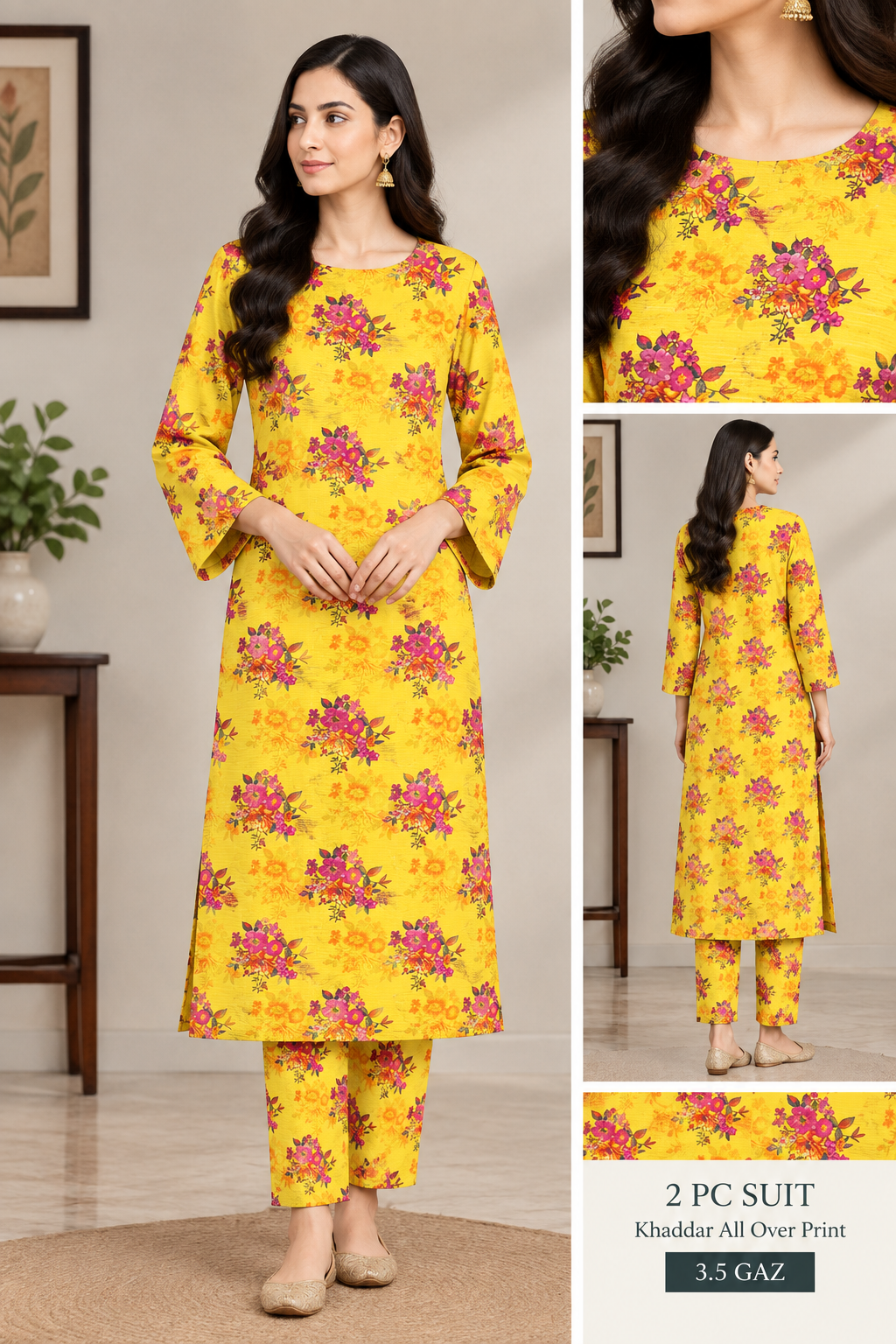 Nishat yellow floral printed Khaddar 2 piece all-over suit, 3.5 gaz cutting