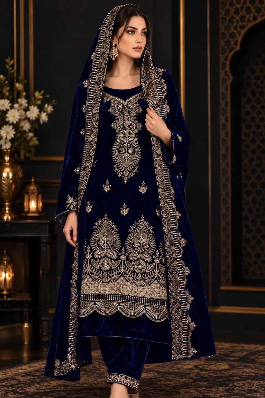 Navy blue velvet suit with gold-toned embroidery shown as a stitched styling example