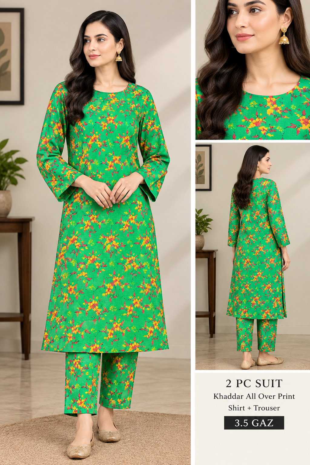 Green floral printed Khaddar 2 piece all-over suit, 3.5 gaz cutting