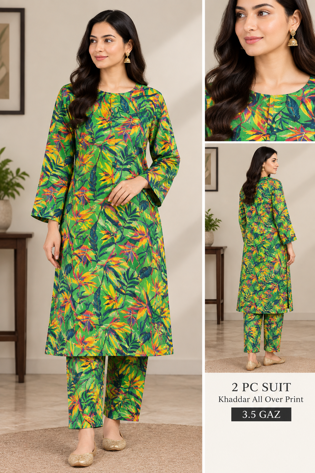 Green printed Khaddar 2 piece all-over suit, 3.5 gaz cutting