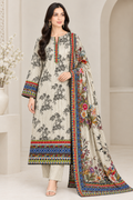 Model wearing cream and black floral printed suit with colourful bordered dupatta