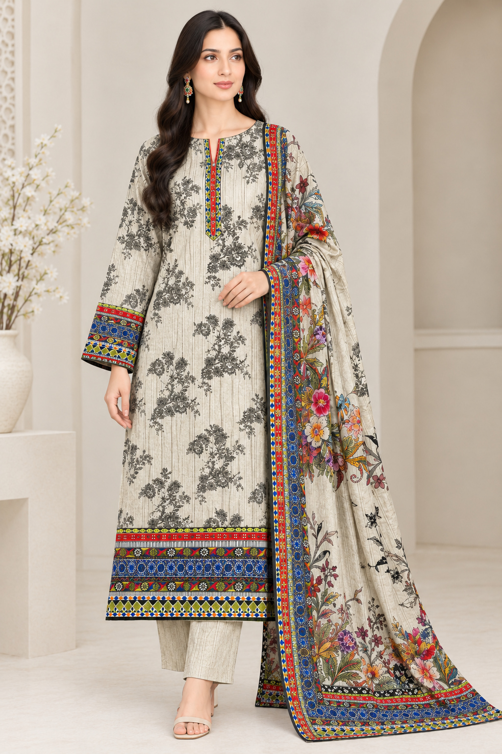 Model wearing cream and black floral printed suit with colourful bordered dupatta