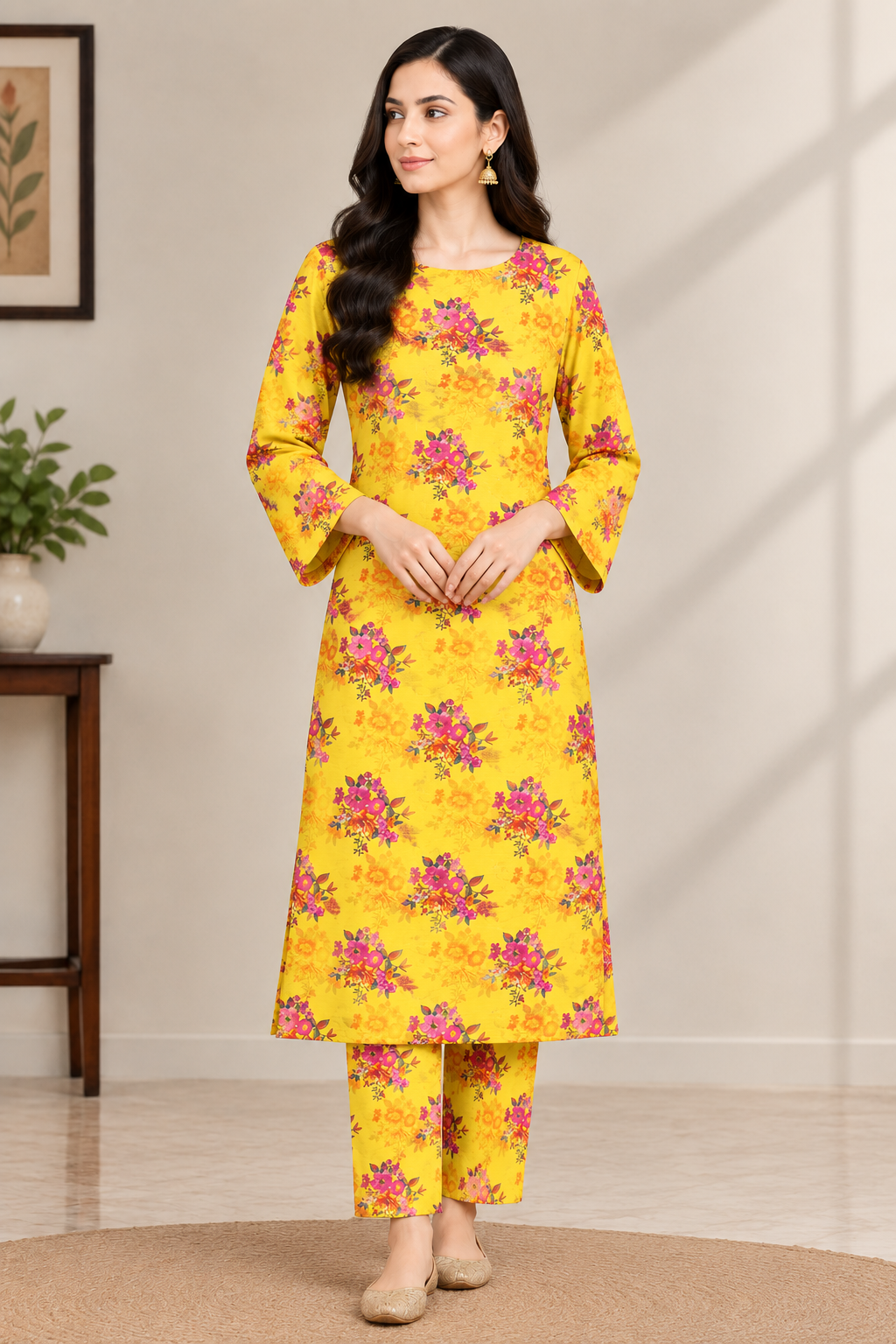 Nishat yellow floral printed Khaddar 2 piece suit with all-over print