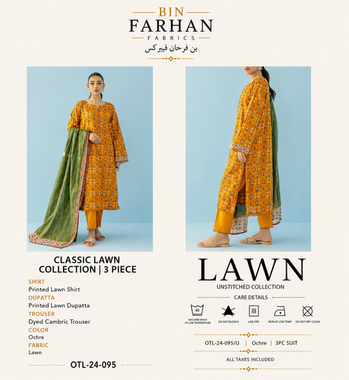 Bin Farhan Fabrics Classic Lawn Collection - Ochre 3 Piece Printed Suit model view