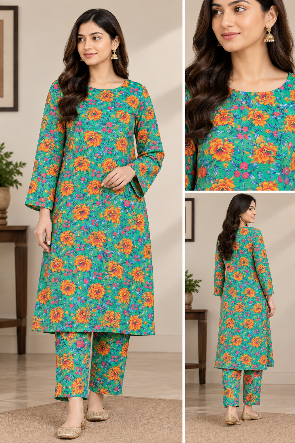 Nishat printed Khaddar 2 piece all-over suit, front and back view