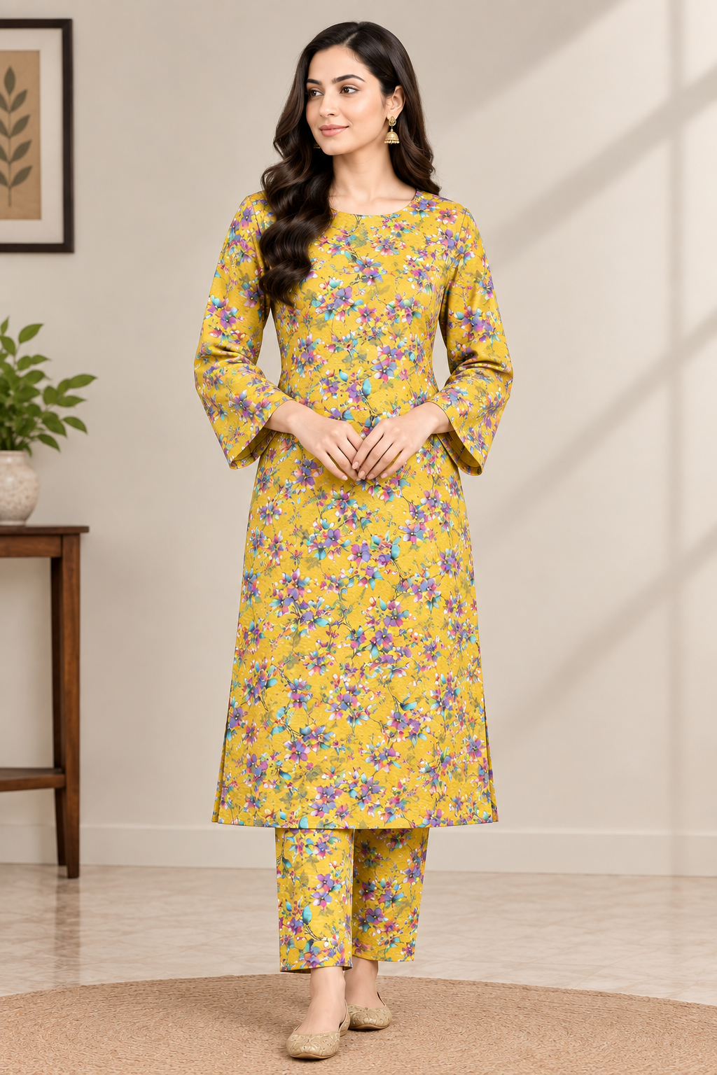 Yellow and purple floral printed Khaddar 2 piece suit with all-over print